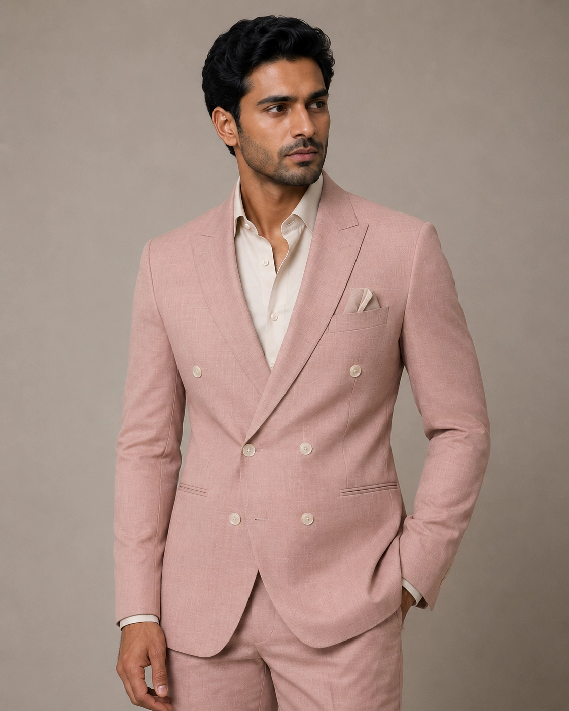 Premium Dusty Pink Double-Breasted Slim Fit Suit