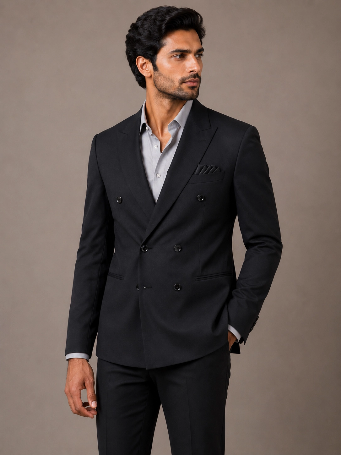 Premium Black Double-Breasted Slim Fit Suit