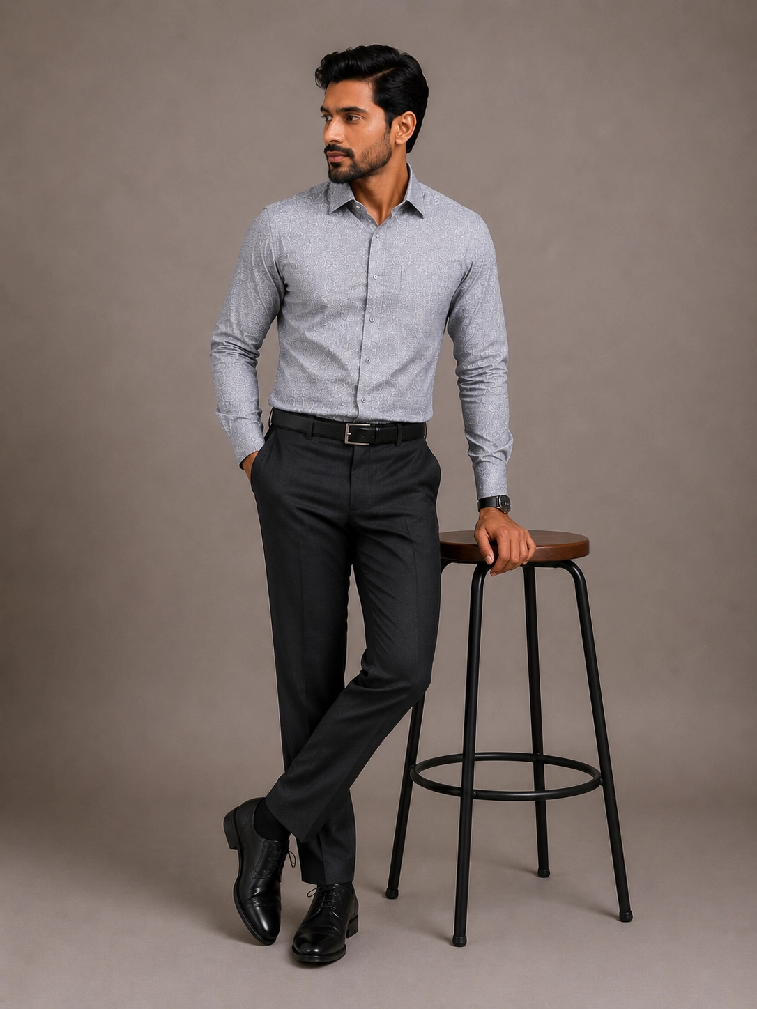 Light Grey Textured Printed Formal Shirt