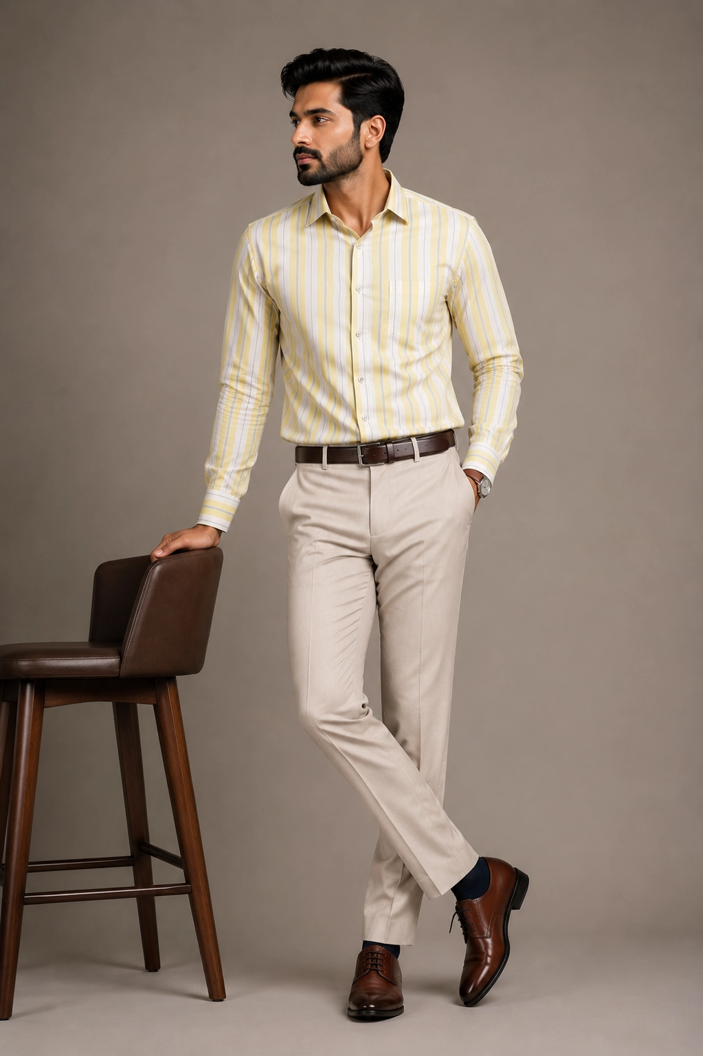 Off-White &amp; Pastel Yellow Vertical Striped Formal Shirt hover
