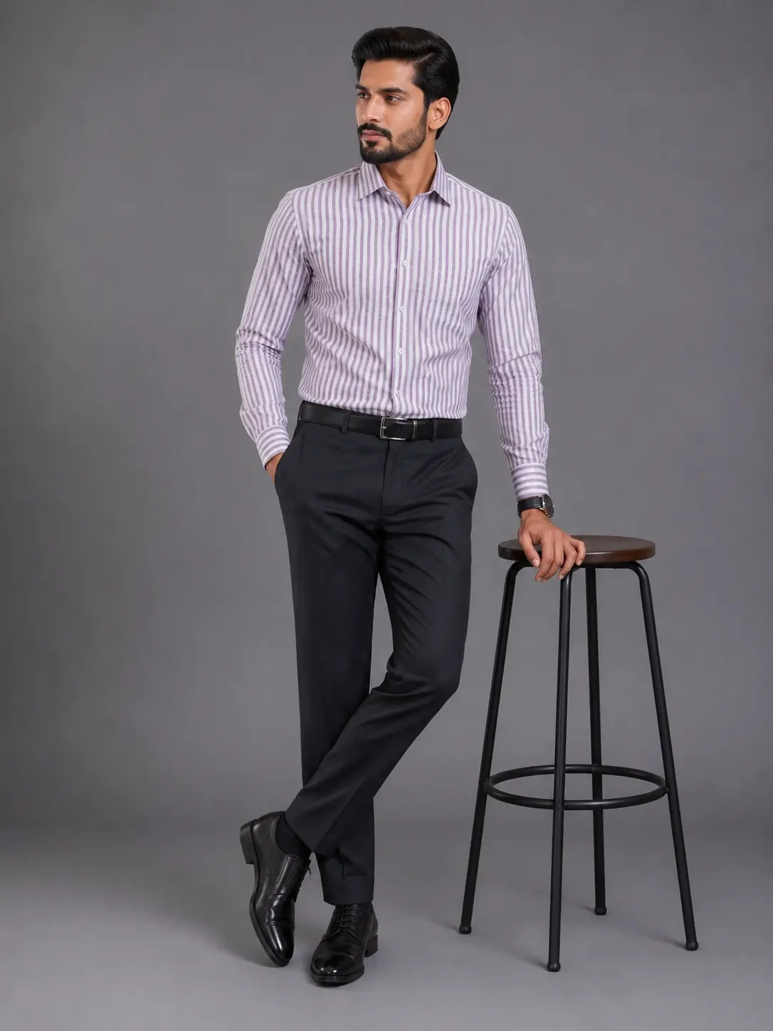 White Mauve Vertical Striped Slim Fit Formal Shirt