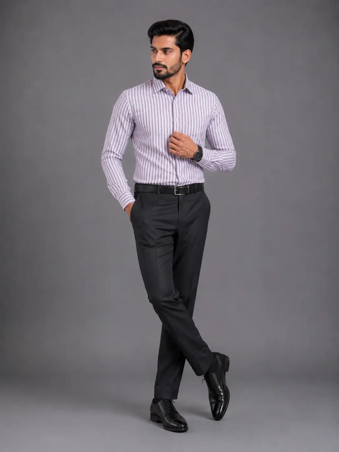 White Mauve Vertical Striped Slim Fit Formal Shirt hover