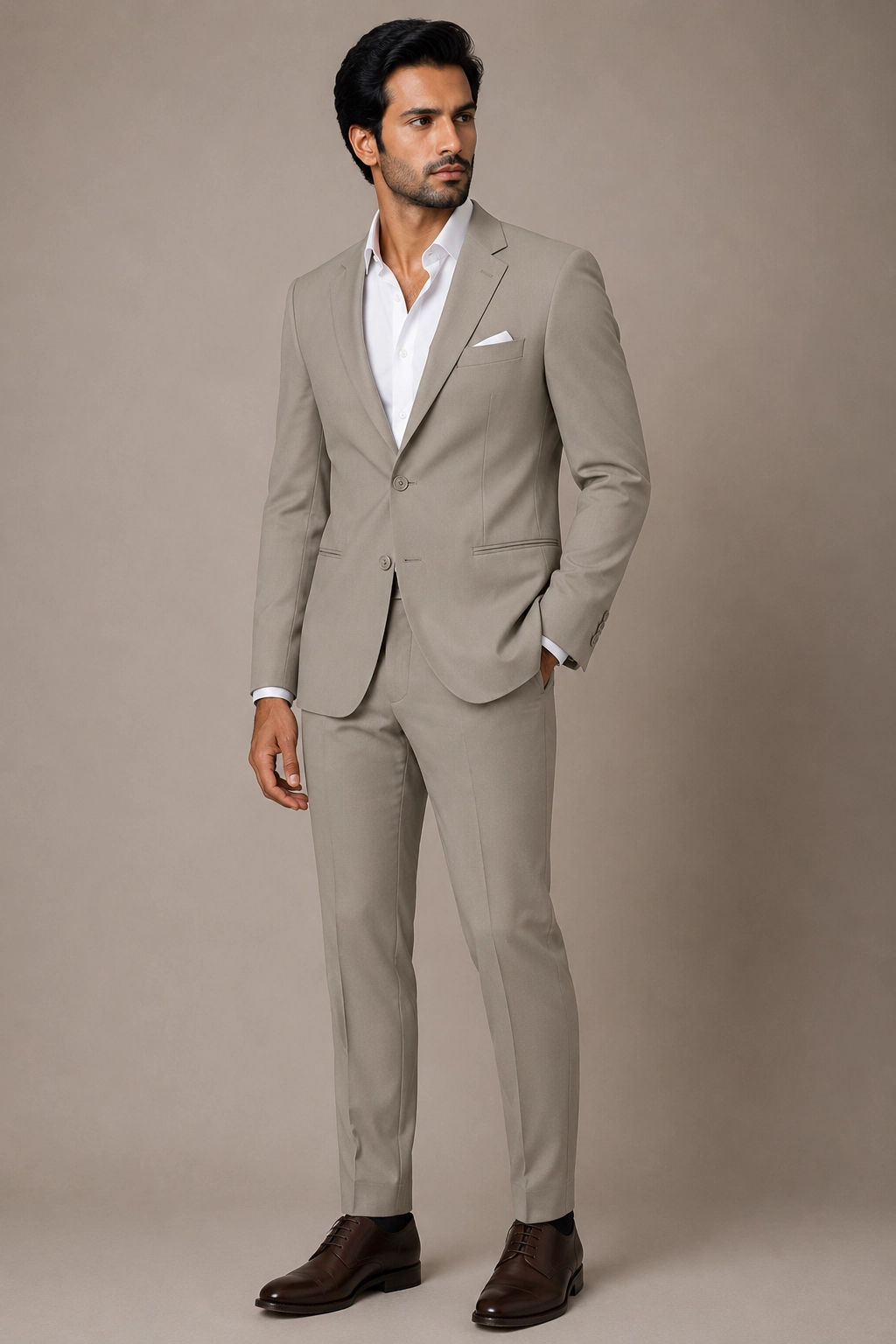 Slim-Fit Beige Suit - Elegant Taupe Two-Piece Formal Wear hover