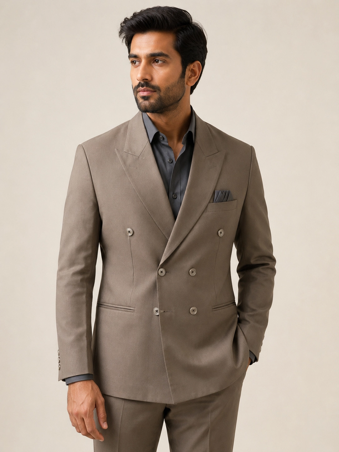 Slim Fit Taupe Double-Breasted Suit 