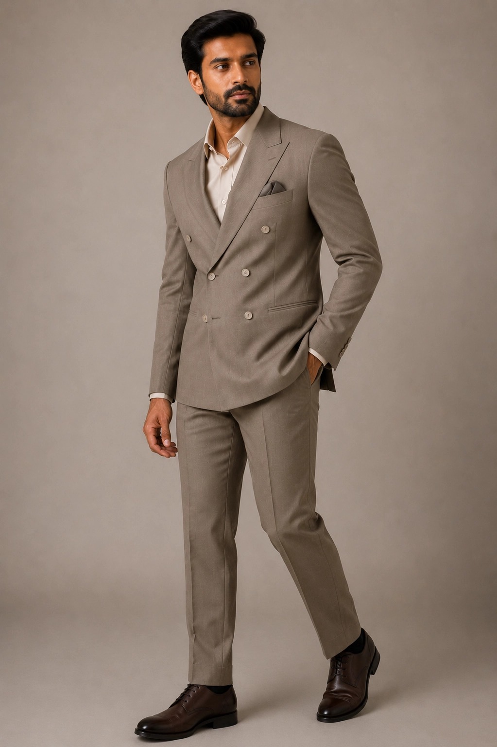 Slim Fit Taupe Double-Breasted Suit 