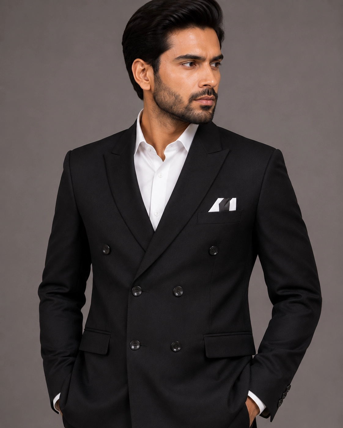 Premium Black Double-Breasted Slim Fit Suit