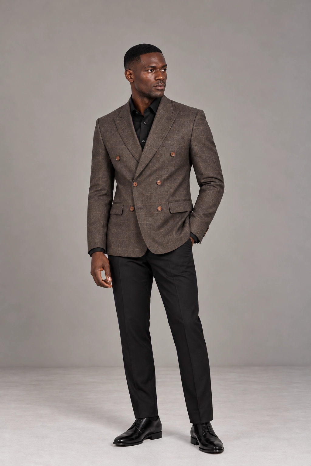 Heritage Brown Checked Double-Breasted Blazer &amp; Black Trouser Set