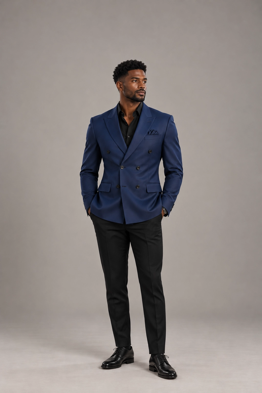 Royal Blue Double-Breasted Blazer &amp; Black Trouser Set