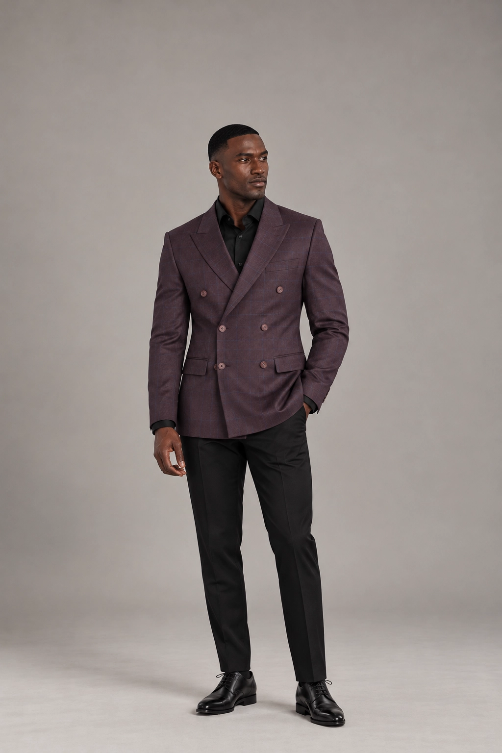 Plum Checked Double-Breasted Blazer &amp; Black Trouser Set hover