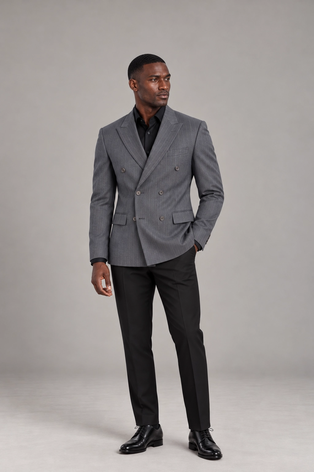 Grey Pinstripe Double-Breasted Blazer &amp; Black Trouser Set