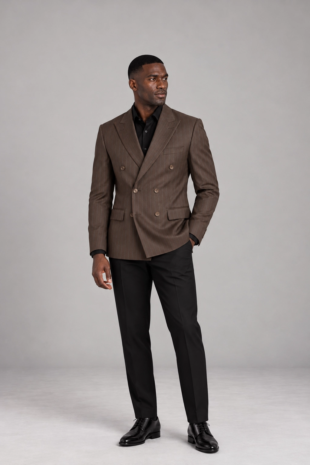 Chocolate Brown Pinstripe Double-Breasted Blazer &amp; Black Trouser Set hover
