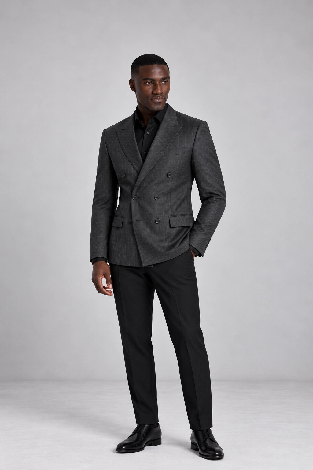 Charcoal Grey Pinstripe Double-Breasted Blazer &amp; Black Trouser Set hover